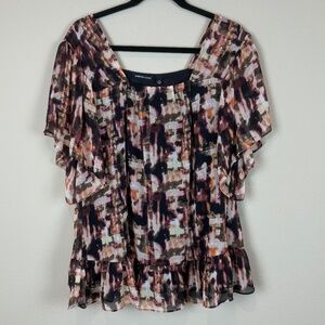 Jennifer Lloyd Black/Cream/Orange/Yellow Patterned Square Neckline Flowy Blouse